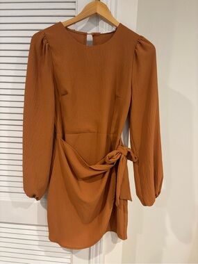 Lush Burnt Orange Long Sleeve Tie-Waist Mini Dress